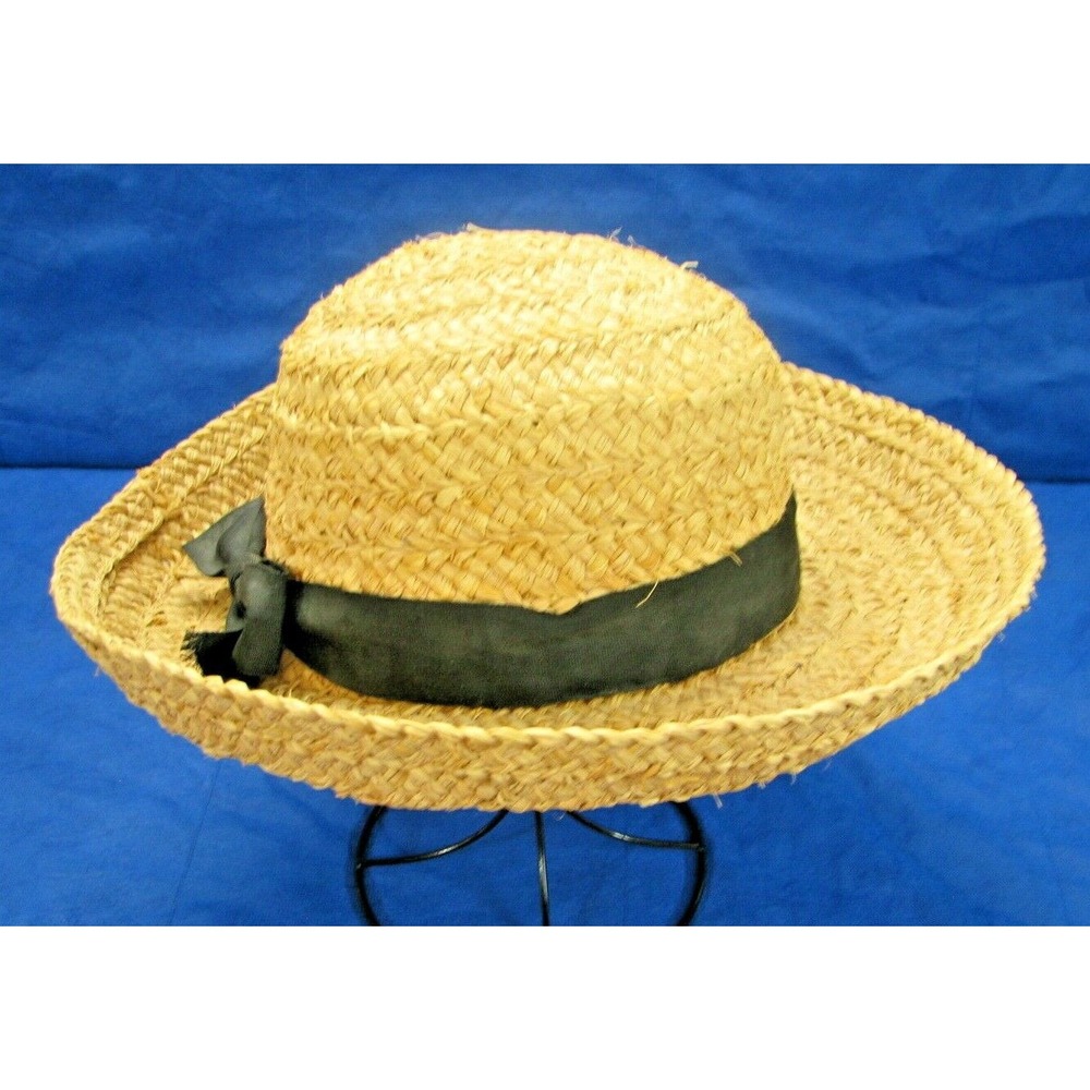 VTG KATHY JEANNE Sun Hat Mushroom Garden NATURAL STRAW Black Ribbon SIDE BOW